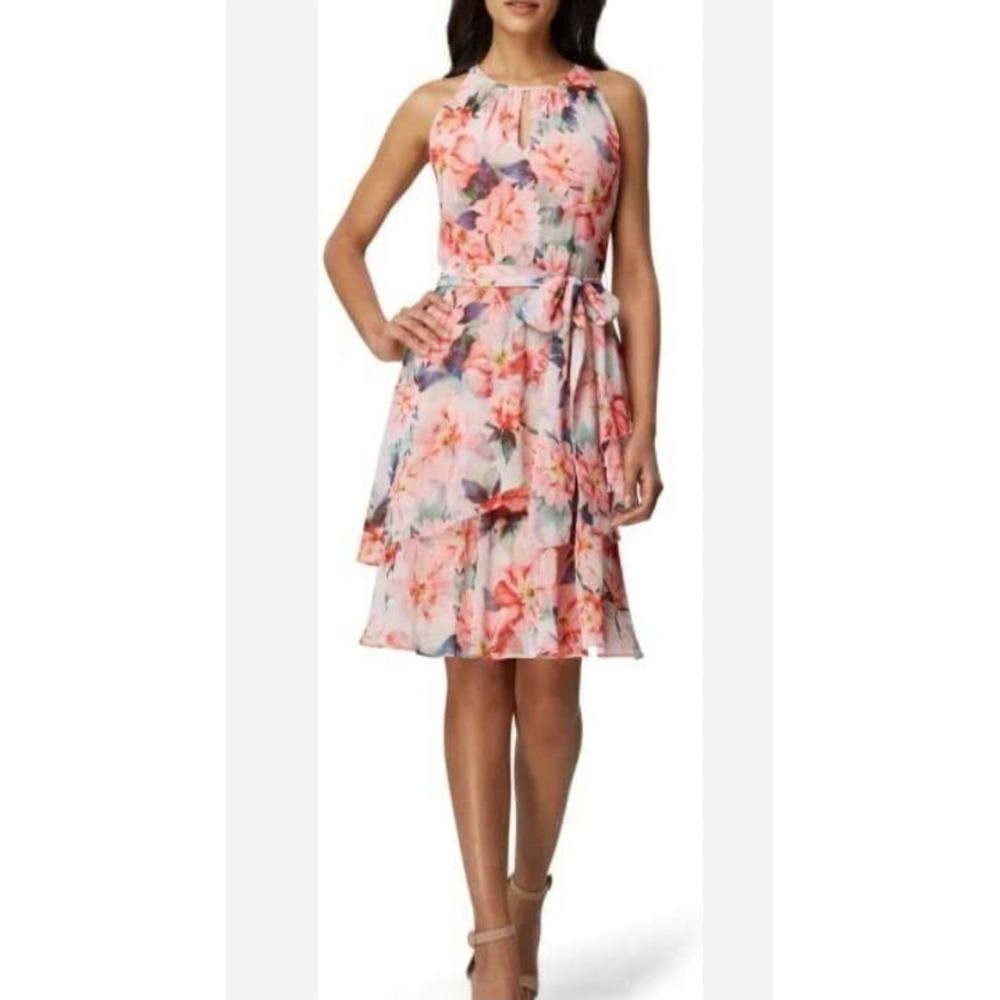 Tahari ASL Sleeveless Peach Pink Floral‎ Chiffon Tie Waist Tiered Dress Easter 4